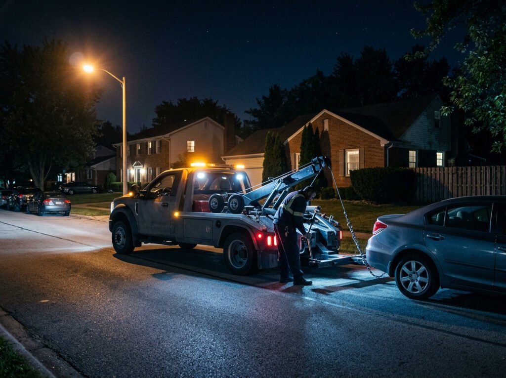 Tow truck under a streetlight at night ready for a 24 hour tow in Granger, Indiana
