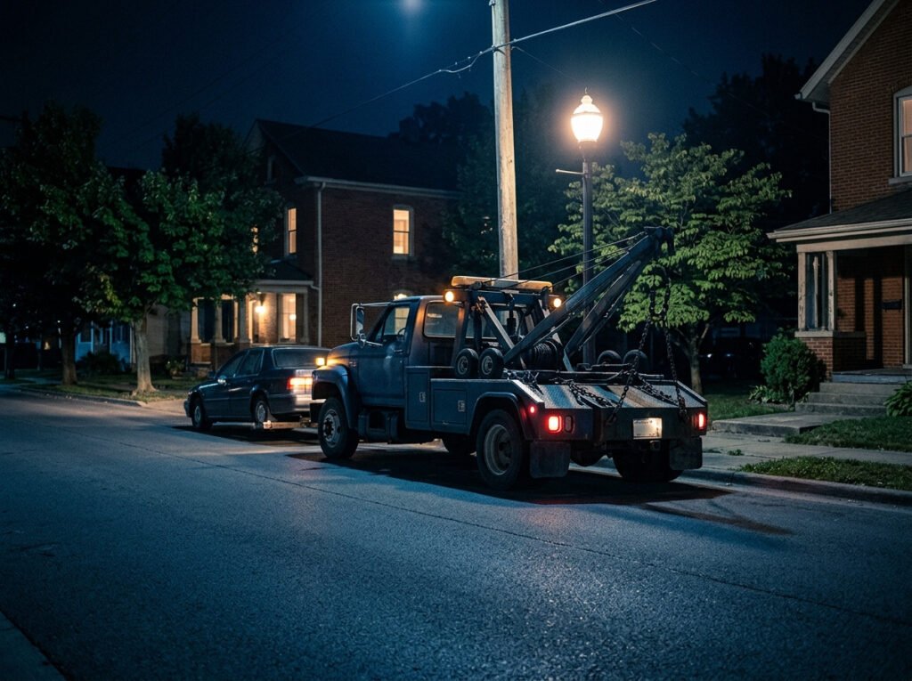Tow truck under a streetlight at night ready for a 24 hour tow in Lakeville, Indiana