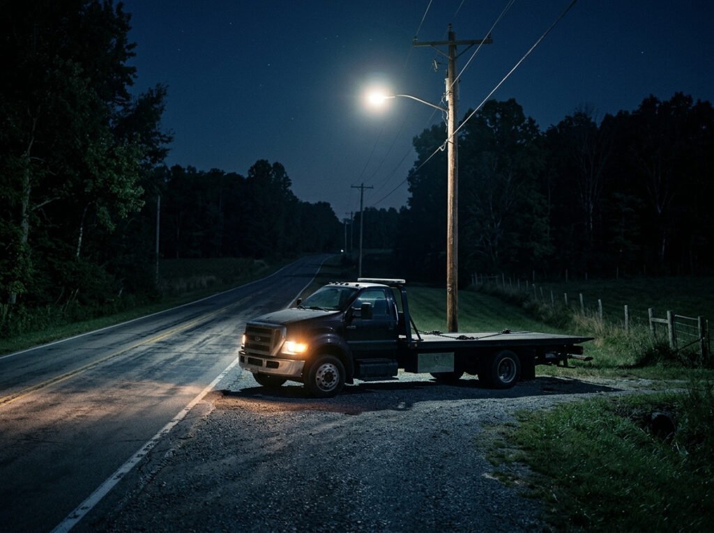 Tow truck under a streetlight at night ready for a 24 hour tow near New Carlisle, Indiana