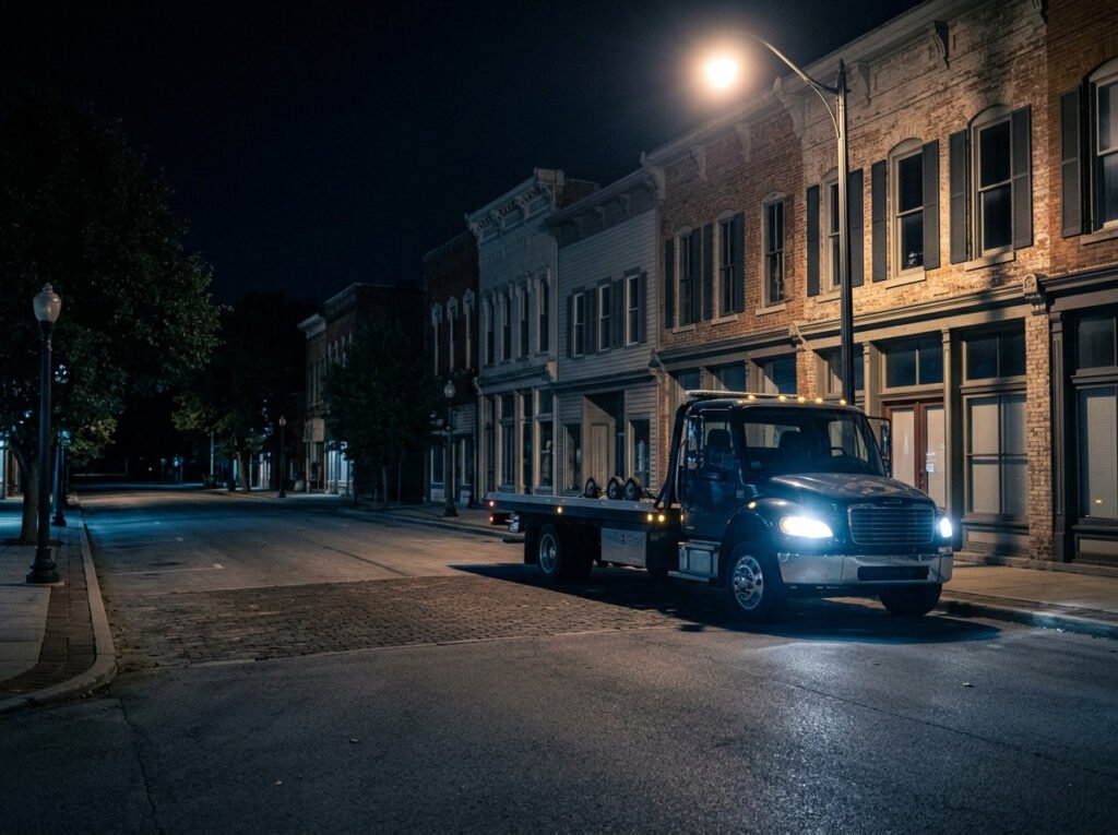 Tow truck under a streetlight at night ready for a 24 hour tow near North Liberty, Indiana