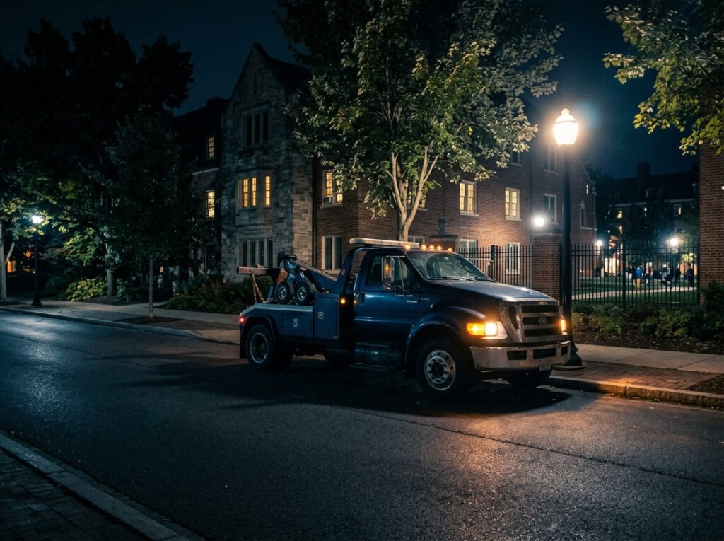 Tow truck under a streetlight at night ready for a 24 hour tow near Notre Dame, Indiana