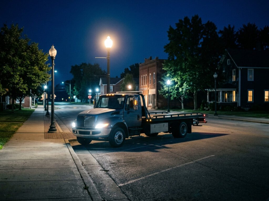 Tow truck under a streetlight at night ready for a 24 hour tow in Osceola, Indiana