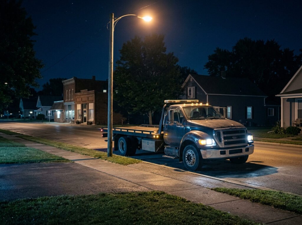 Tow truck under a streetlight at night ready for a 24 hour tow in Roseland, Indiana