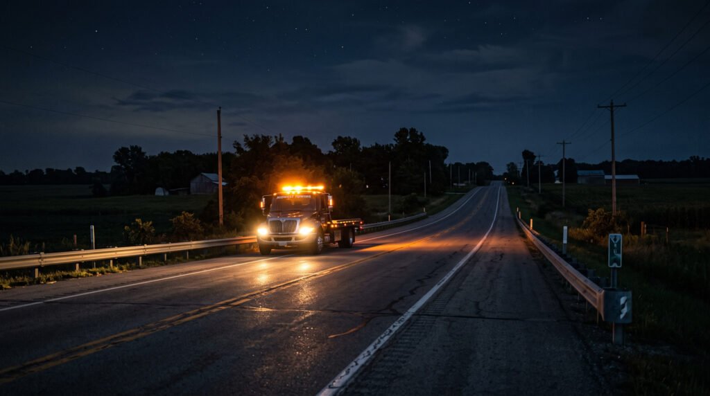 Empty road at night with a tow truck headlights and amber beacon approaching in South Bend, Indiana