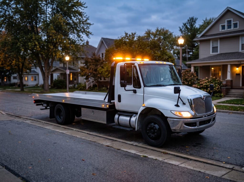 Tow truck with amber beacon lights on at dusk on a quiet street in Elkhart, Indiana