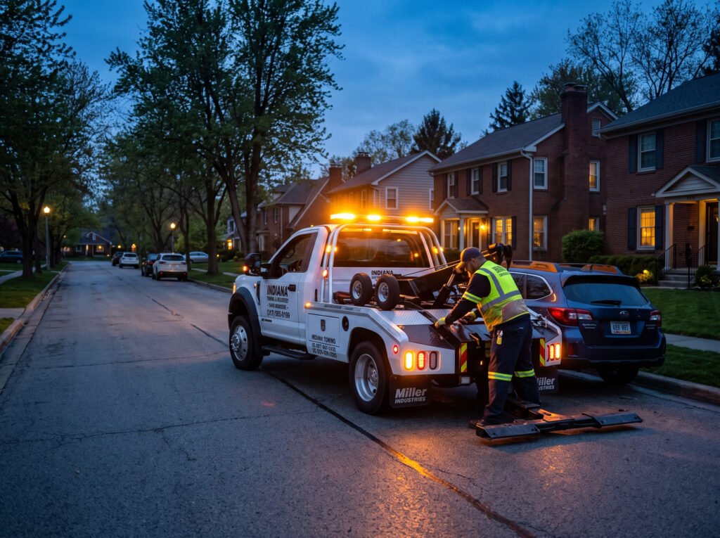 Tow truck responding at dusk with amber beacon lights on a quiet South Bend, Indiana street