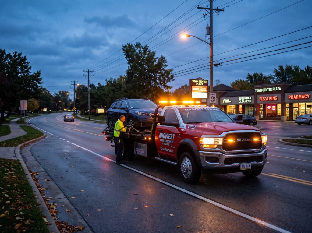 Tow truck with amber beacon lights on at dusk in Mishawaka, Indiana