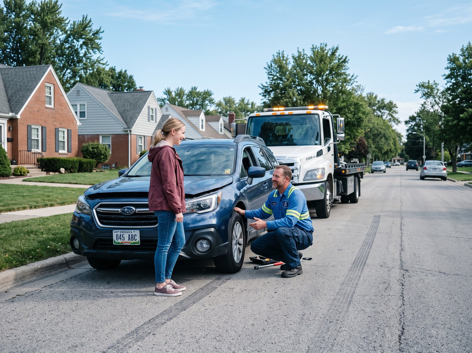 A 24 Hour Towing South Bend driver standing beside the company tow truck in a South Bend, Indiana parking area
