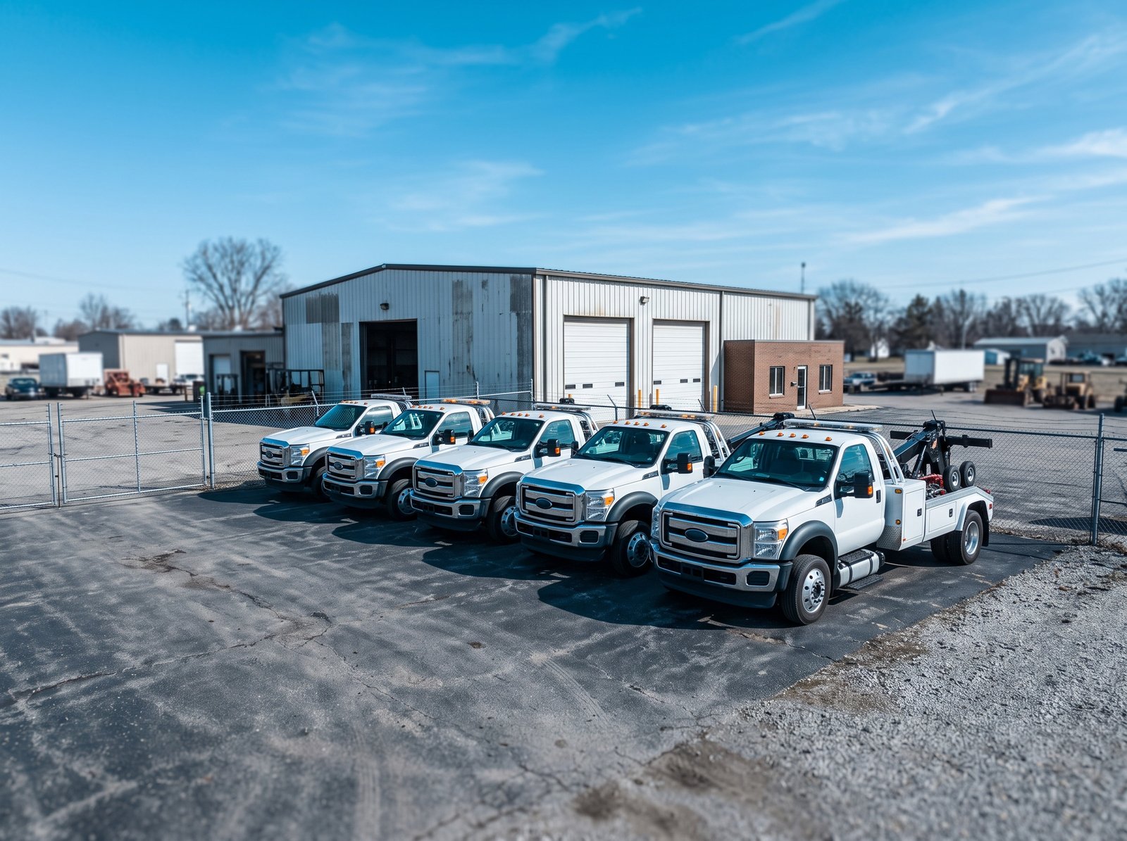 Small fleet of tow trucks parked at the 24 Hour Towing South Bend depot