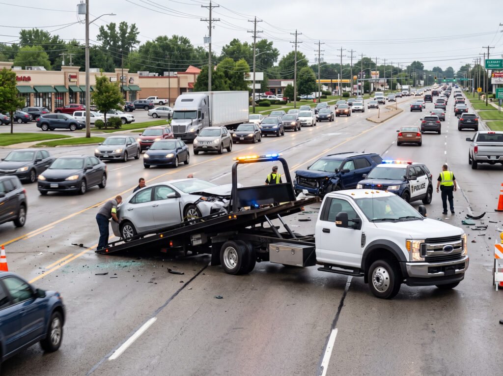 Tow truck at a vehicle accident scene on a busy road in Elkhart, Indiana