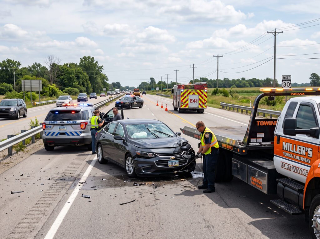 Tow truck at a vehicle accident scene in South Bend, Indiana