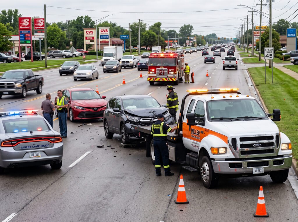 Tow truck at a vehicle accident scene on a busy suburban road in Mishawaka, Indiana
