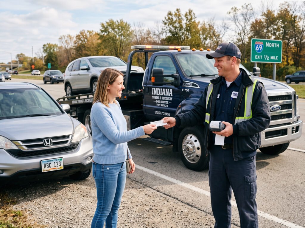 Tow truck driver handing a receipt to a customer in South Bend, Indiana