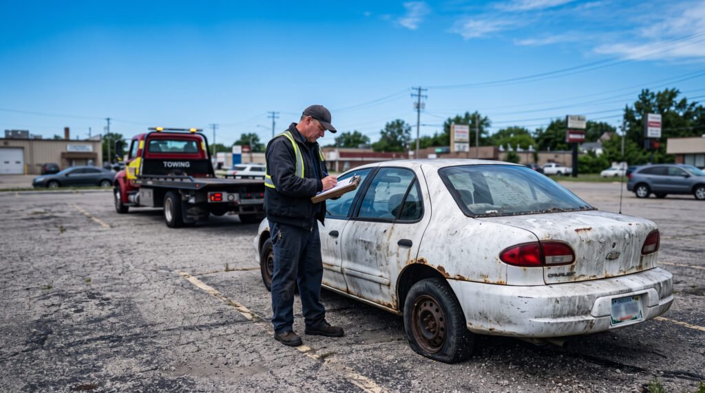 Tow truck driver documenting an abandoned vehicle in a parking lot in South Bend, Indiana