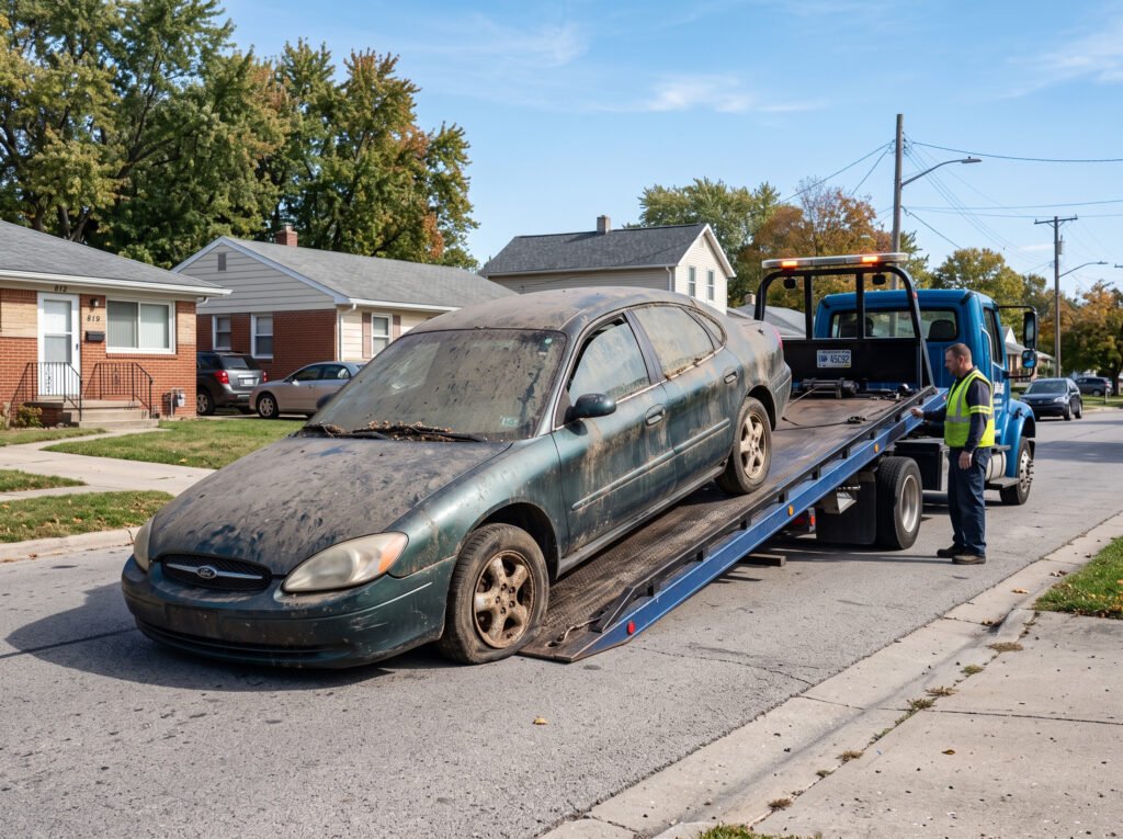 Tow truck removing a neglected abandoned car from a residential curb in South Bend, Indiana