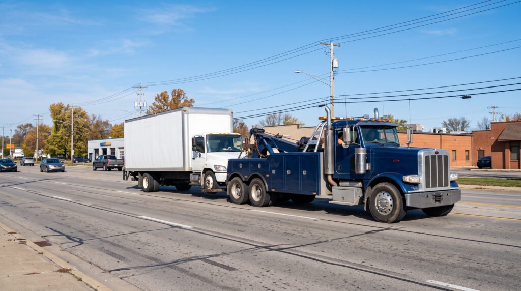 Tow truck actively towing a box delivery truck in South Bend, Indiana