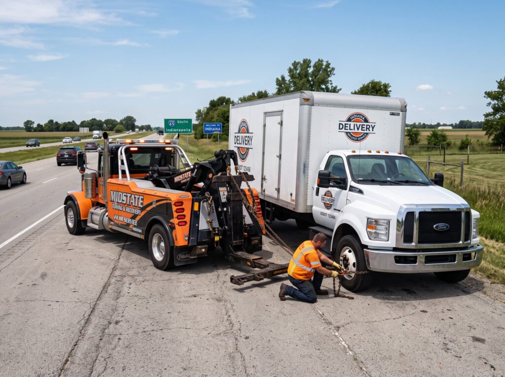 Tow truck hooking up to a commercial box delivery truck in South Bend, Indiana