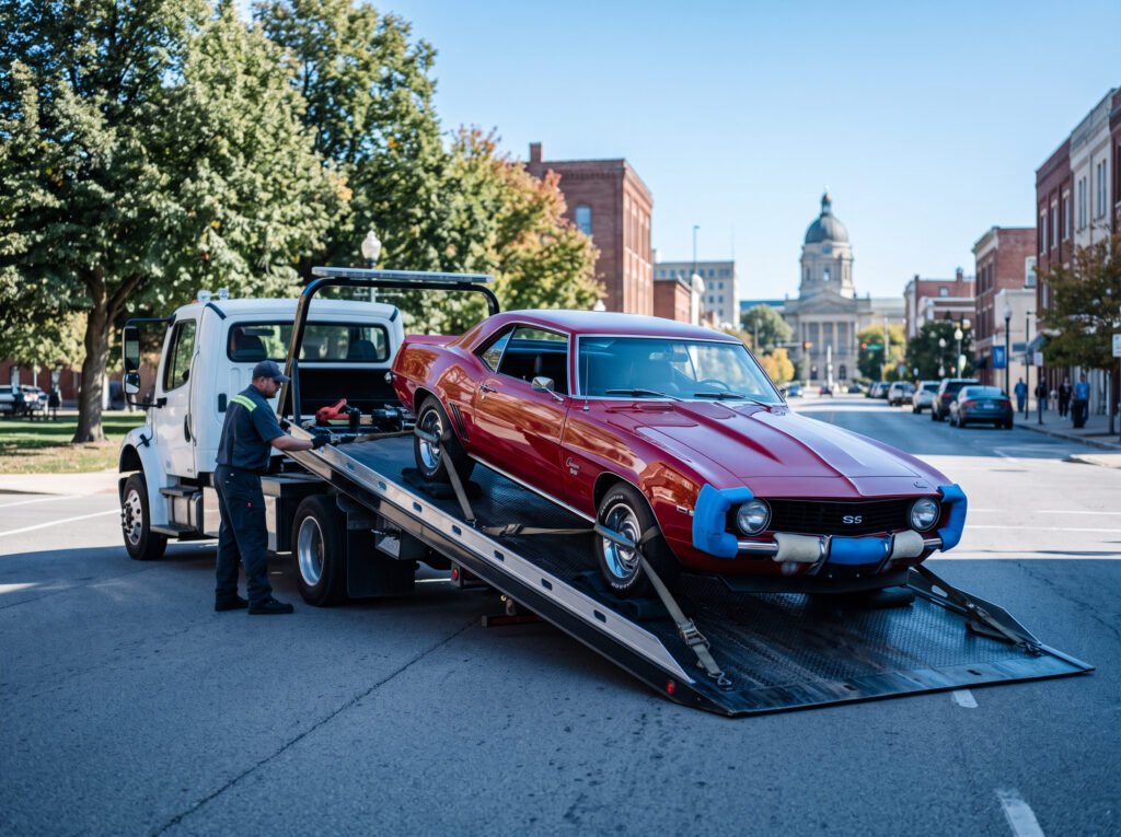 Flatbed tow truck carefully loading a vintage classic muscle car in South Bend, Indiana
