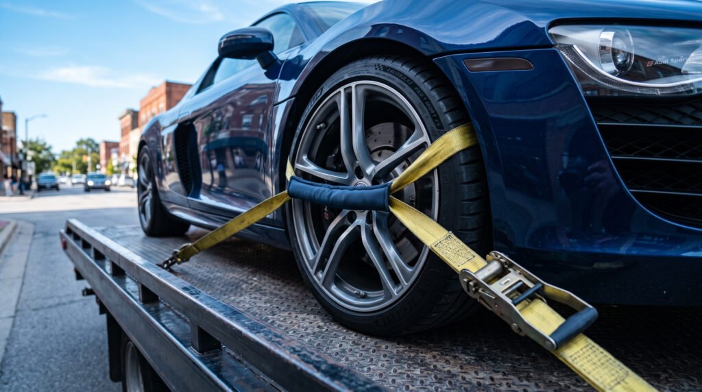 Close-up of soft non-marking straps securing a low sports car for towing in South Bend, Indiana