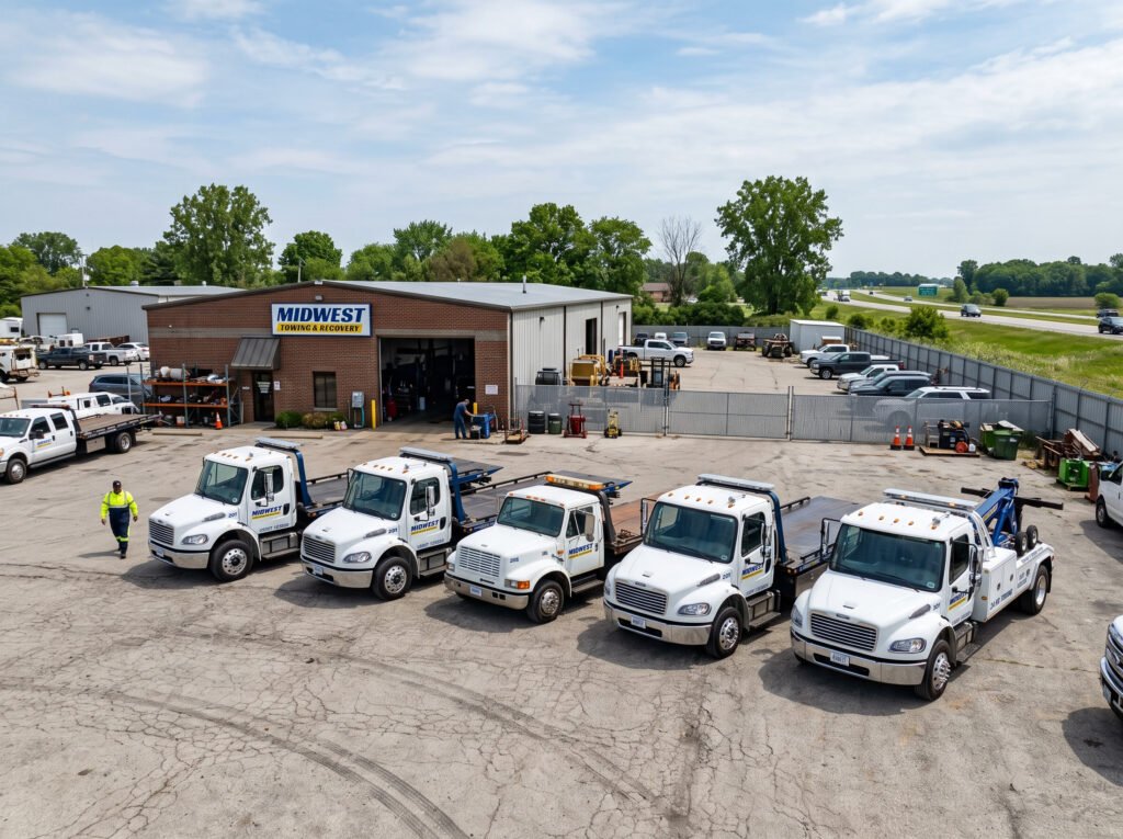 Fleet of tow trucks lined up at a depot in South Bend, Indiana