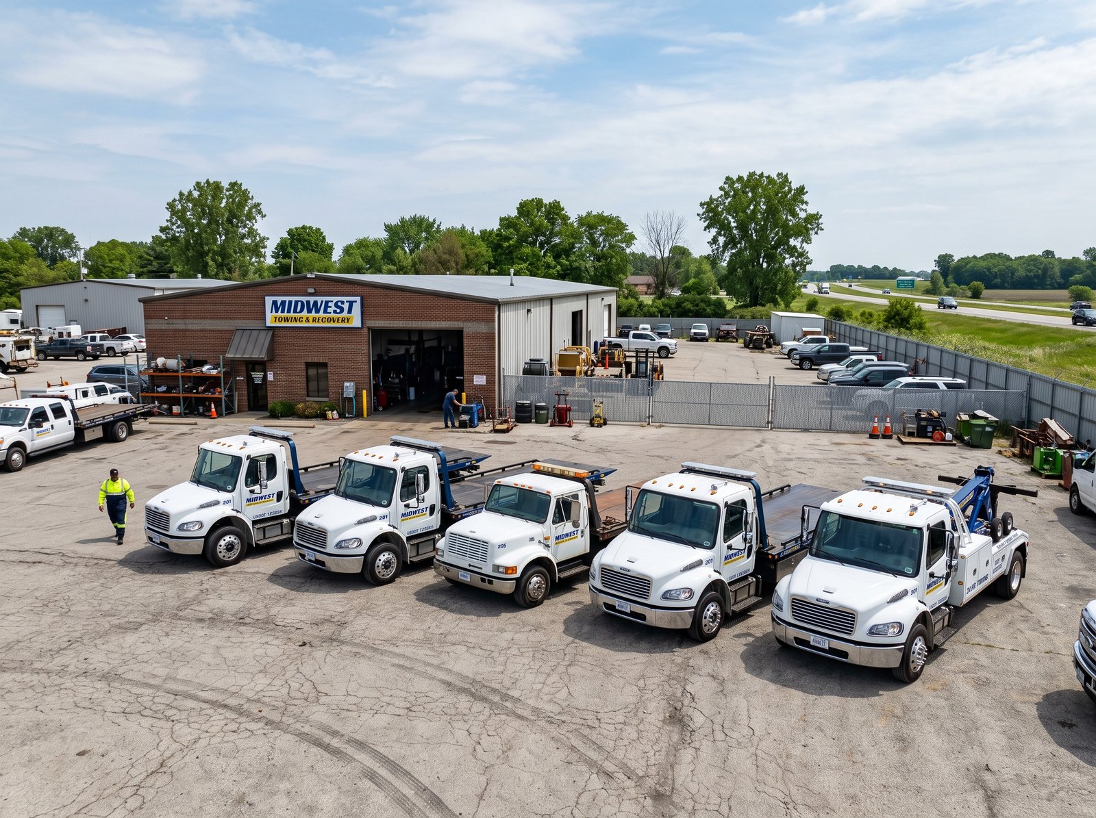 Fleet of tow trucks lined up at the 24 Hour Towing South Bend depot