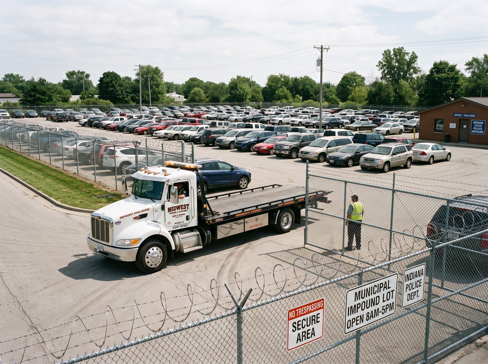 Secure vehicle impound lot with a tow truck arriving in South Bend, Indiana