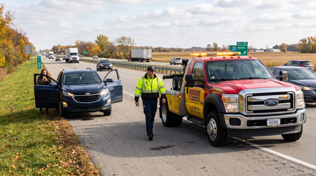 Tow truck arriving on scene at a roadside breakdown in South Bend, Indiana