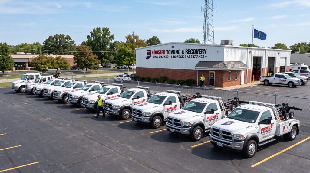 Row of tow trucks ready to dispatch at a depot in South Bend, Indiana