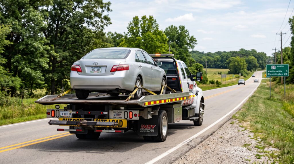 Tow truck driving away with a car loaded on the flatbed in South Bend, Indiana