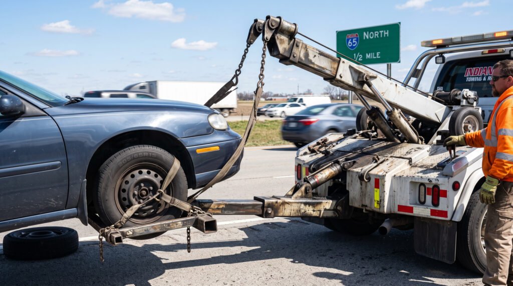 Close-up of a tow truck hydraulic lift mechanism raising a vehicle in South Bend, Indiana