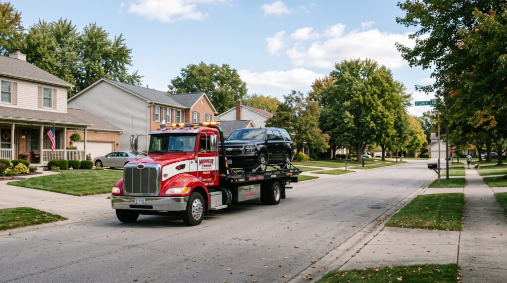 Tow truck driving through a quiet South Bend, Indiana neighborhood street