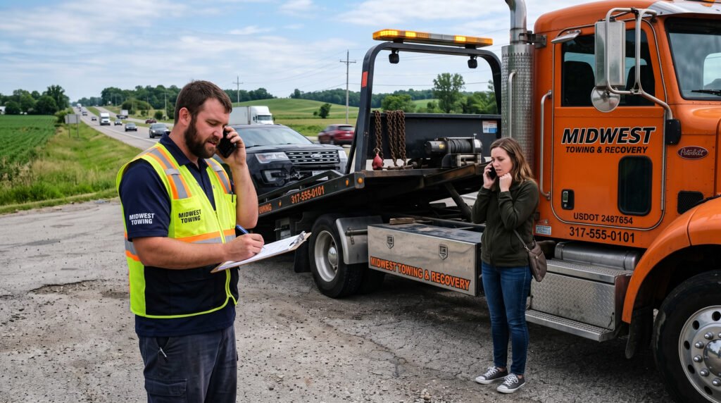 Tow truck driver confirming details by phone with a customer in South Bend, Indiana