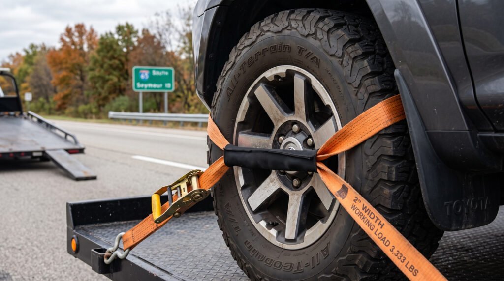 Close-up of tow straps securing a vehicle wheel for towing in South Bend, Indiana