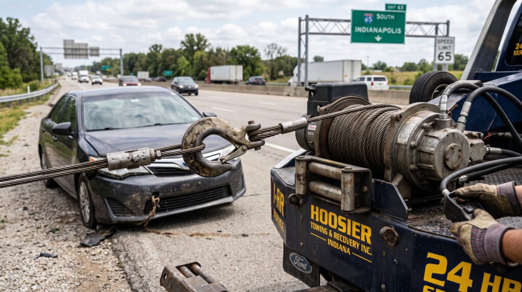 Close-up of a tow truck winch cable and hook in use in South Bend, Indiana