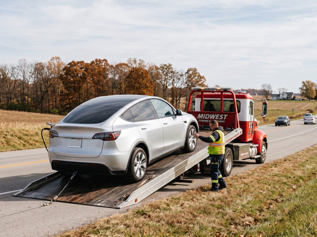 Electric vehicle being loaded onto a flatbed tow truck in South Bend, Indiana
