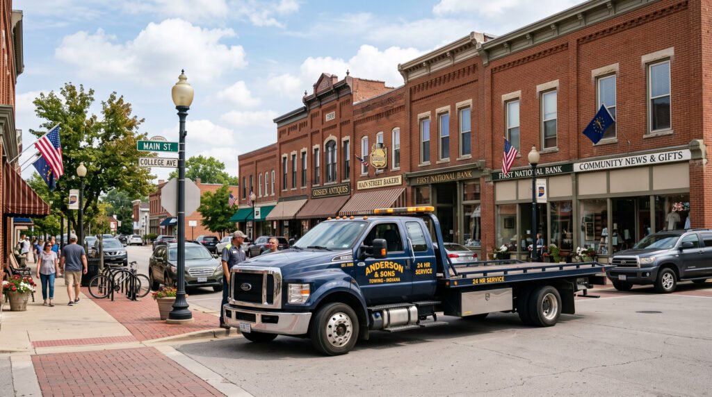 Tow truck parked on a historic Main Street in downtown Elkhart, Indiana