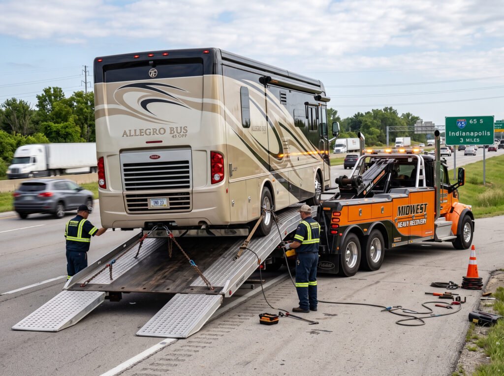 Tow truck loading a motorhome RV onto a heavy-duty flatbed in Elkhart, Indiana