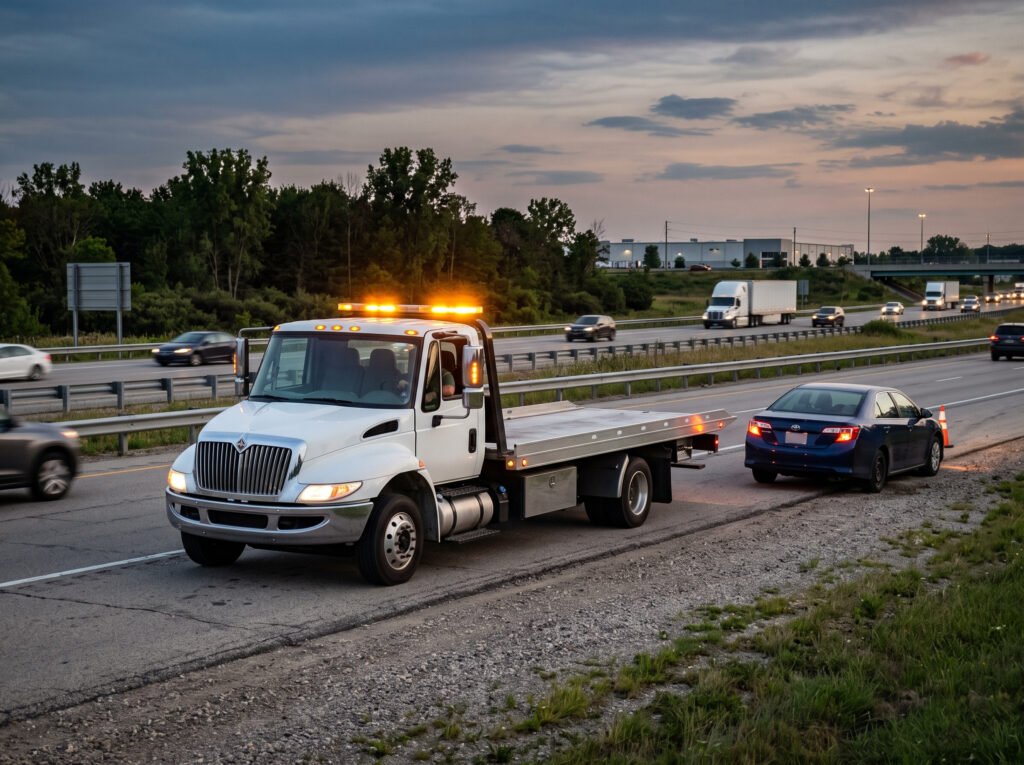 Tow truck arriving at a roadside breakdown with amber beacon lights near a highway in Elkhart, Indiana