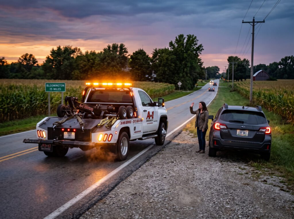 Tow truck arriving quickly at a roadside breakdown with amber beacon lights at dusk in South Bend, Indiana