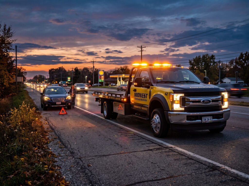 Tow truck arriving at a roadside breakdown with amber beacon lights in Mishawaka, Indiana