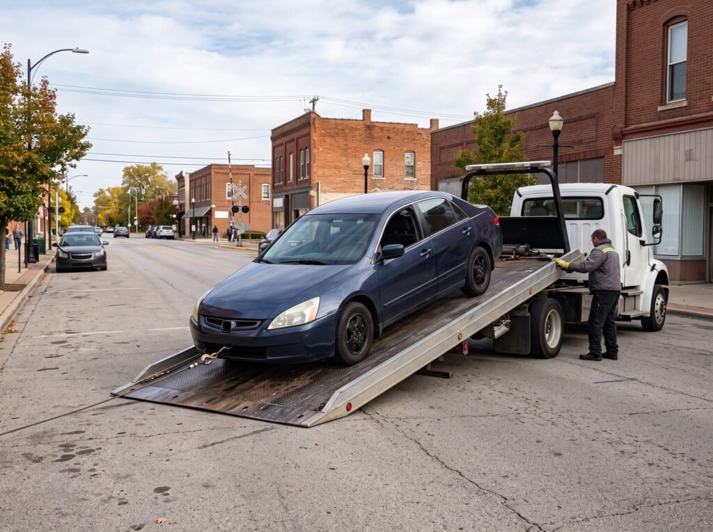 Sedan being winched onto a flatbed tow truck deck near downtown Elkhart, Indiana