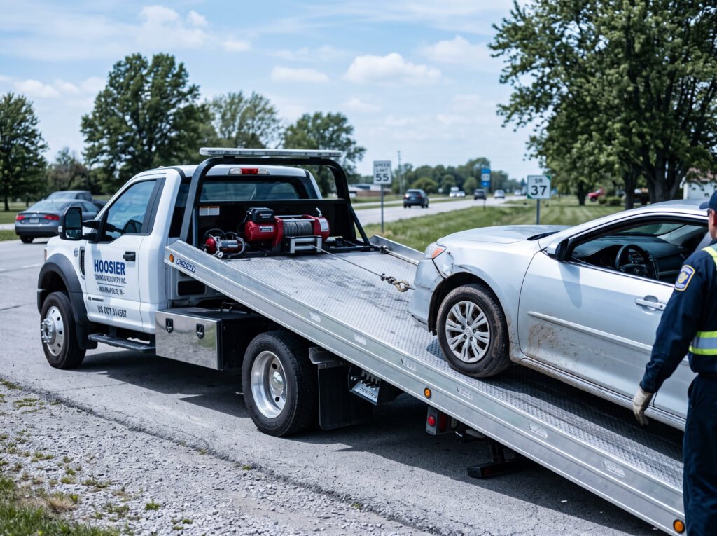 Sedan being winched onto a flatbed tow truck deck in South Bend, Indiana