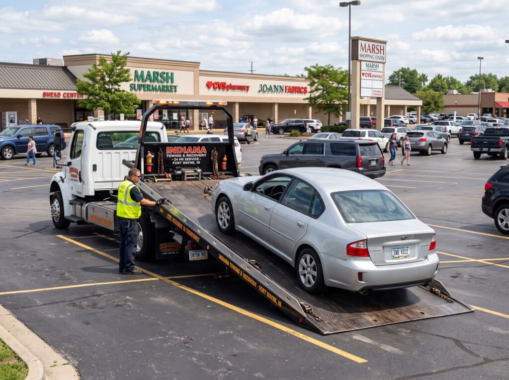 Sedan being loaded onto a flatbed tow truck in a shopping center parking lot in Mishawaka, Indiana