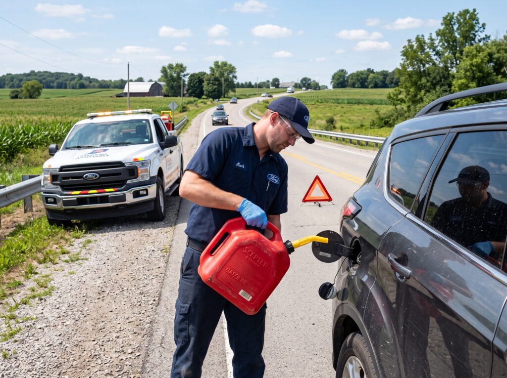 Technician pouring gasoline into a car on the roadside in South Bend, Indiana