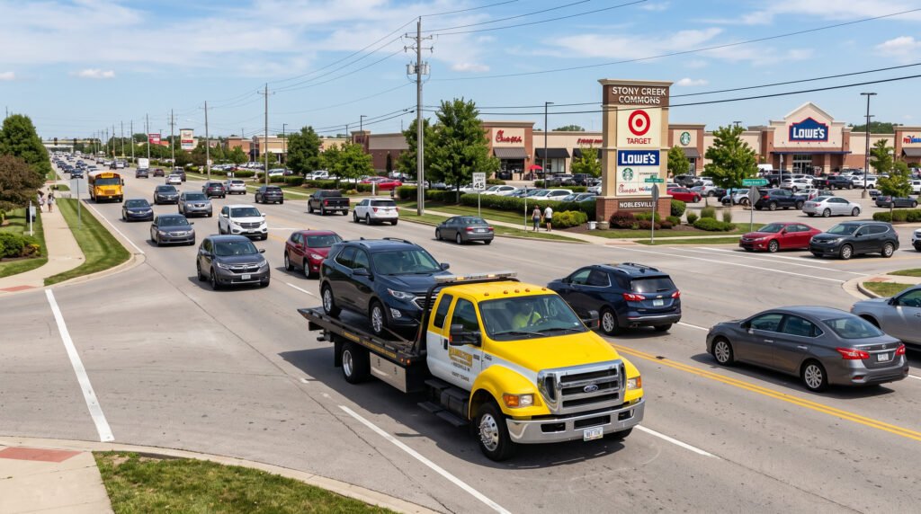 Tow truck driving on a busy suburban road near retail development in Granger, Indiana