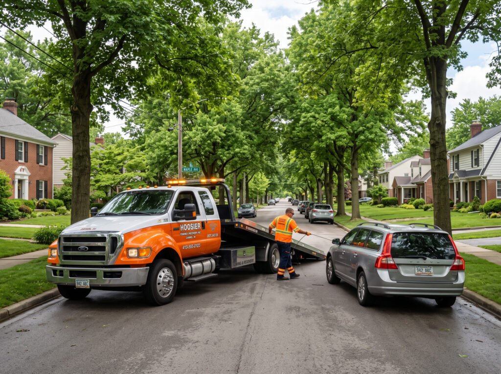Tow truck responding on a tree-lined residential street in Granger, Indiana