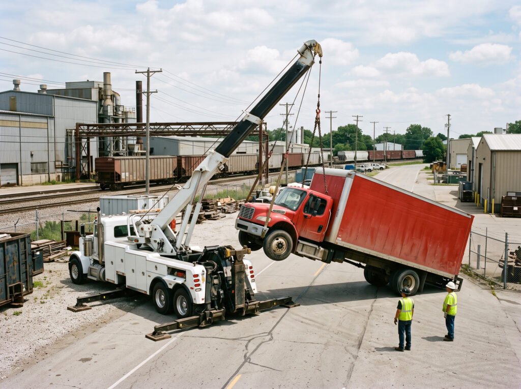 Heavy rotator tow wrecker lifting a commercial delivery truck near an industrial corridor in Elkhart, Indiana