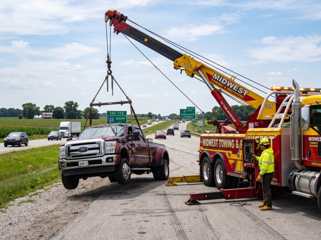 Heavy-duty rotator tow wrecker lifting a large pickup truck in South Bend, Indiana