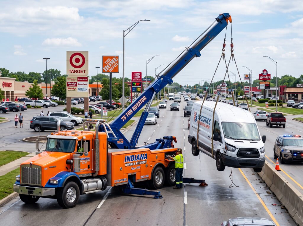 Heavy rotator tow wrecker lifting a delivery van near a commercial corridor in Mishawaka, Indiana