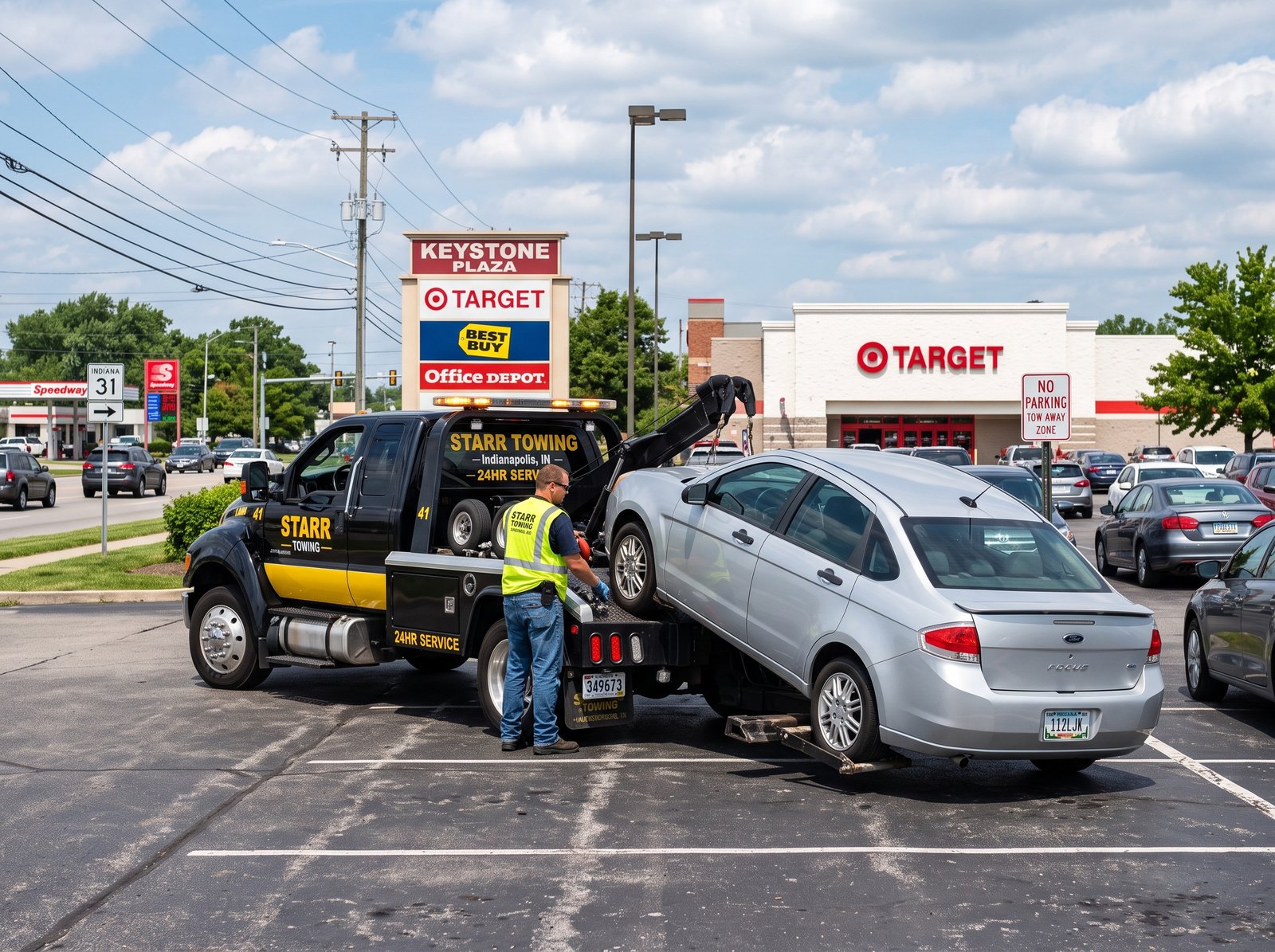 Tow truck removing a vehicle from a commercial parking lot in South Bend, Indiana